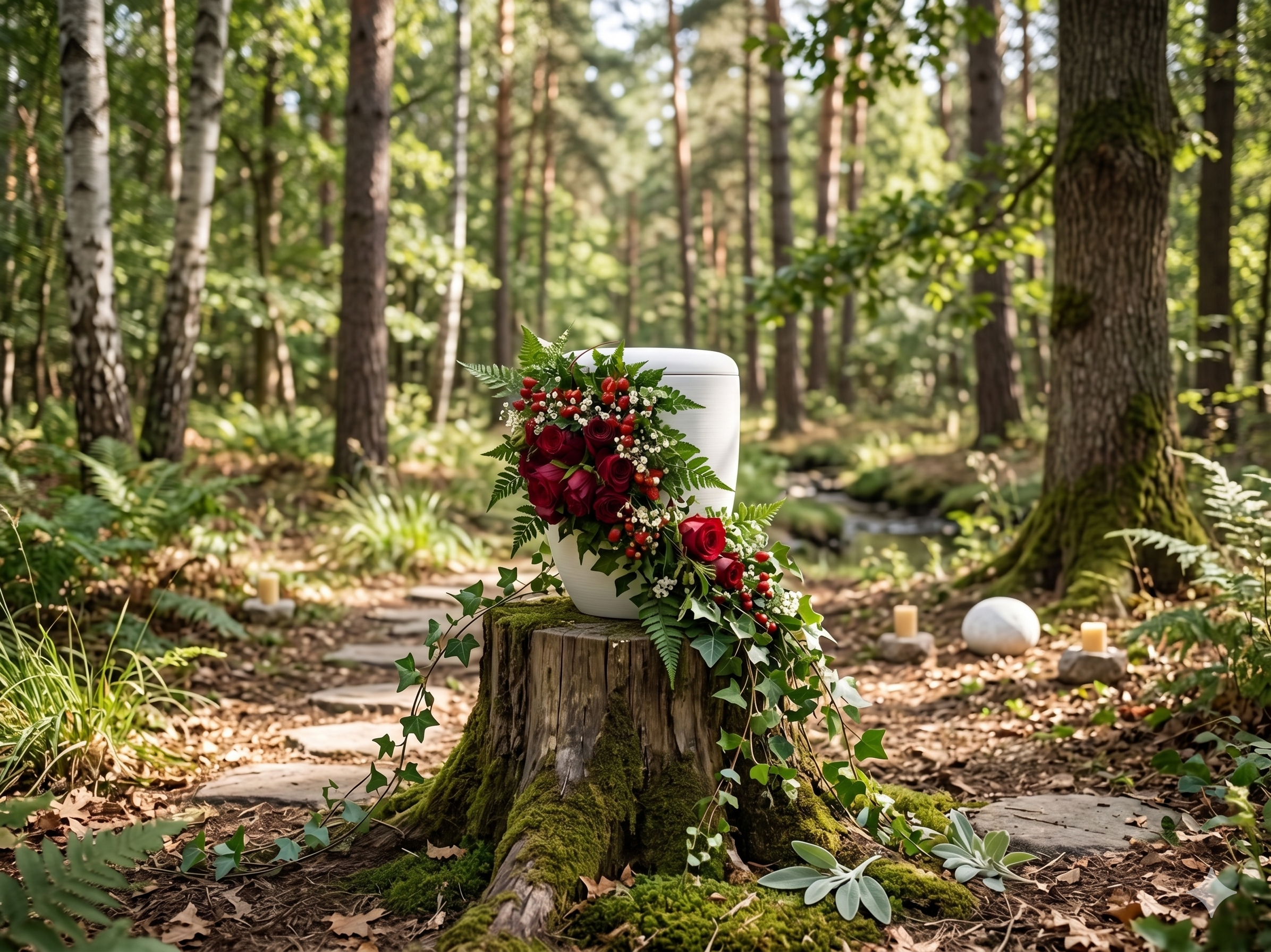 Folia Urne mit floraler Gestaltung im Wald