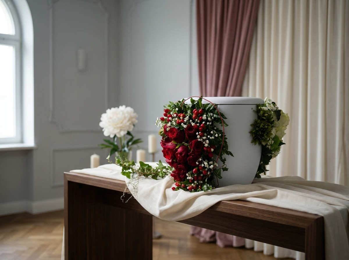 Rote Rosen mit weißer Päonie und Schleierkraut