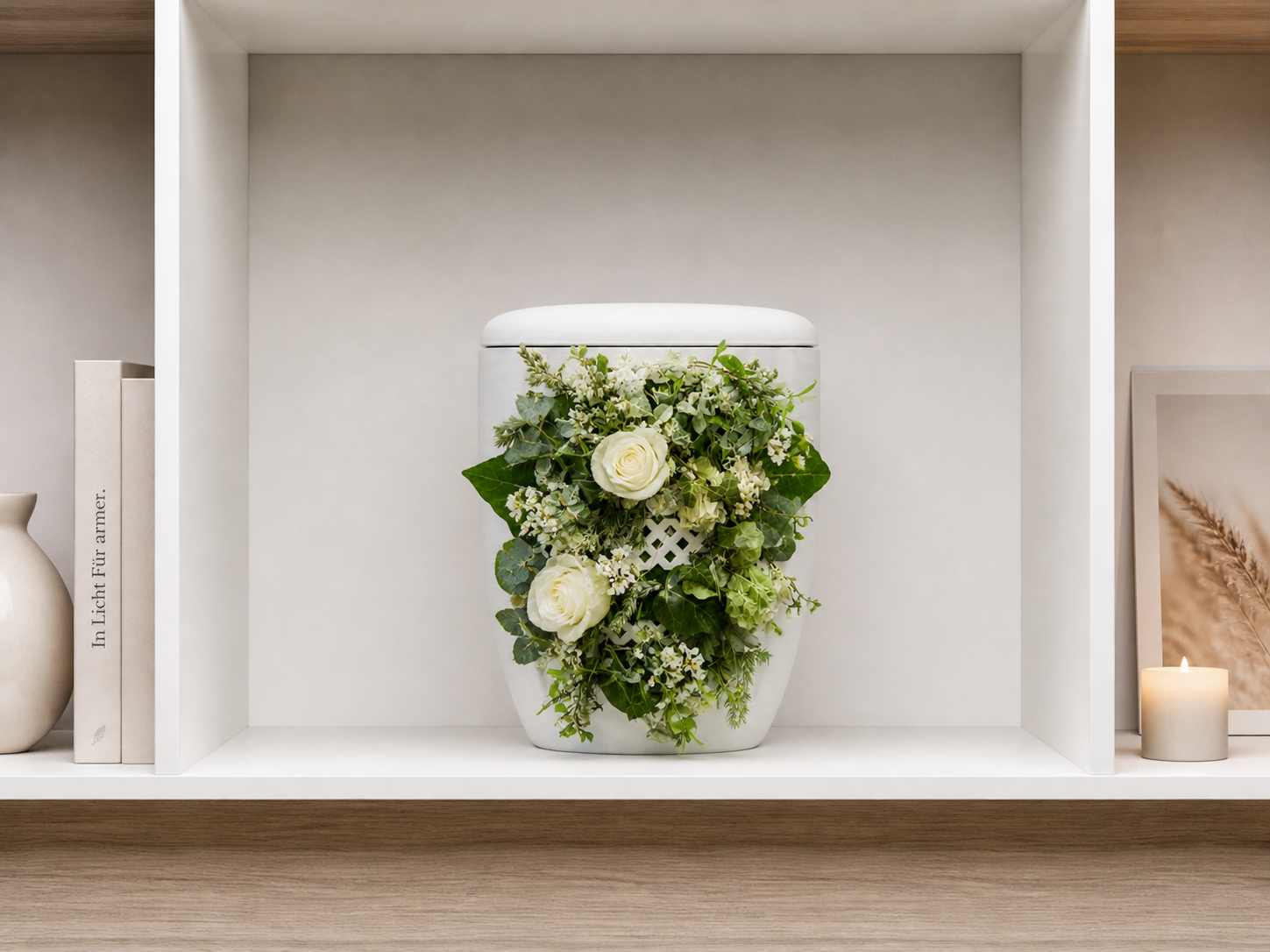 Weiße Rosen und Grünwerk in der Nische